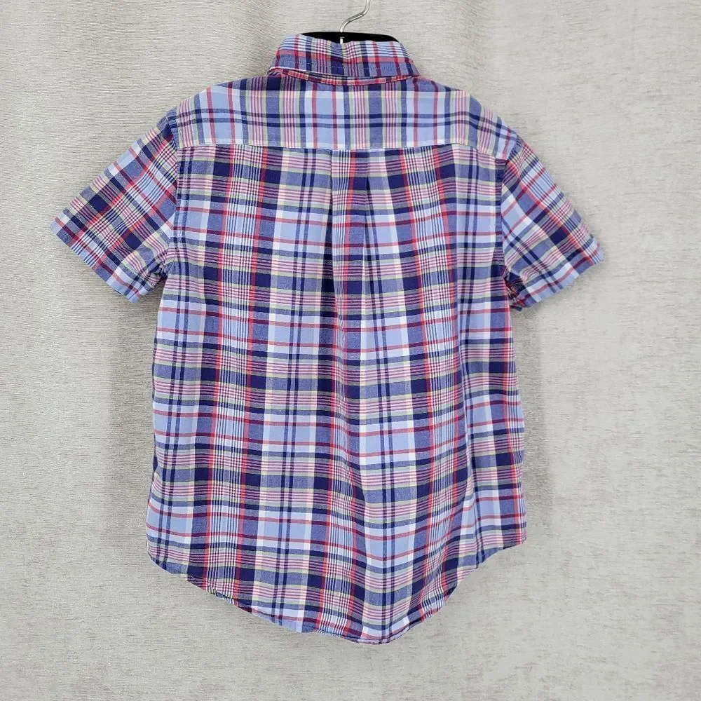 Ralph Lauren Boys Short Sleeve Plaid Button Down Shirt Light Blue Navy Red